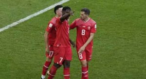 Switzerlands Breel Embolo celebrates after scoring his sides opening goal